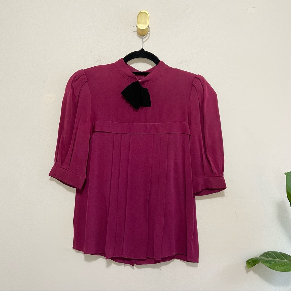 Vintage Richard Warren Fuchsia Short Puff Sleeve High Neck Blouse Top